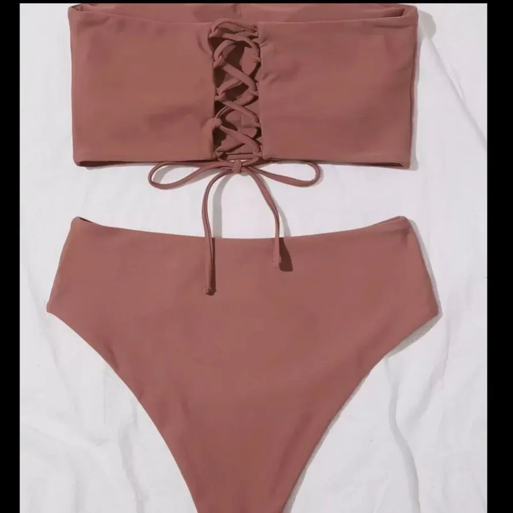 Summer Beach Solid Bikini Set Lace Up Back Tube Bra & High Waisted Bikini - Picture 2 of 3